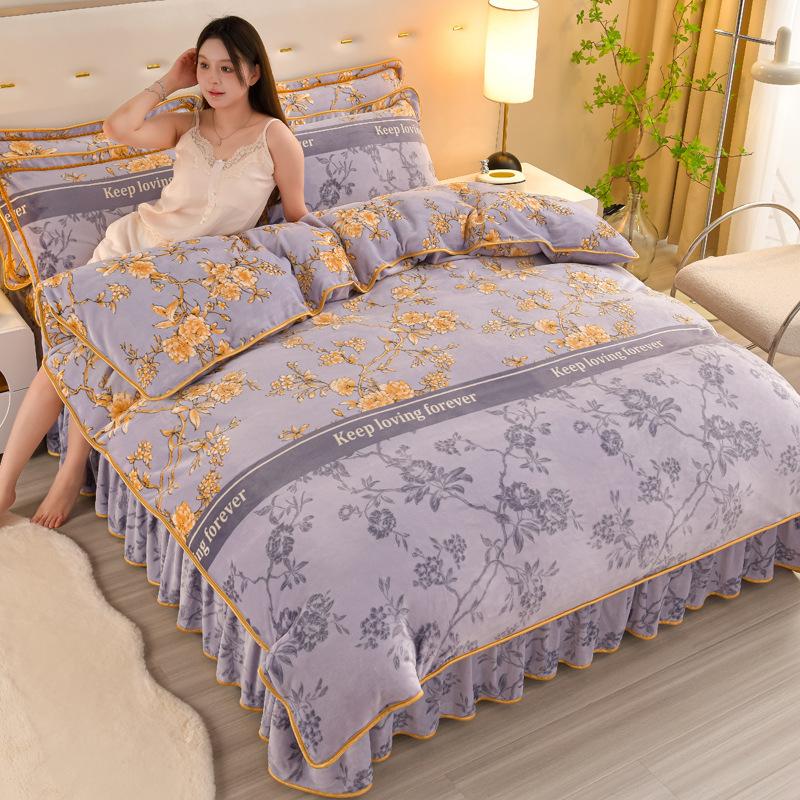 Thickened Milk Fleece Four-Piece Coral Fleece Quilt Cover, Bed Sheet Fleece Double-Sided Fleece Flannel Bedding, Bed Skirt