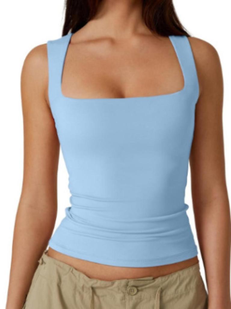 Kare Yaka Tank Top Kaburga Omuz Askıları Kırpılmış Üstler Kadın Yazlık Atletler Düz Renk Atlet Moda Tüp Kadın Kolsuz Kırpılmış Yelek Y2K Giysileri