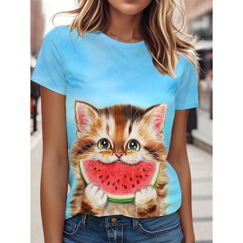 Women's Retro Cat Pattern T-shirt Cute Fashion Short-Sleeved Round Neck Top Regular Fit Daily Weekend Print Blue Summer Spring