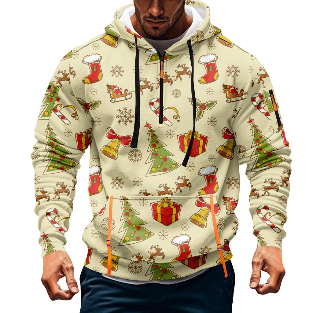 Herren Weihnachten Print Kapuzenpullover Halb-Reißverschluss Lässig Sport Sweatshirt
