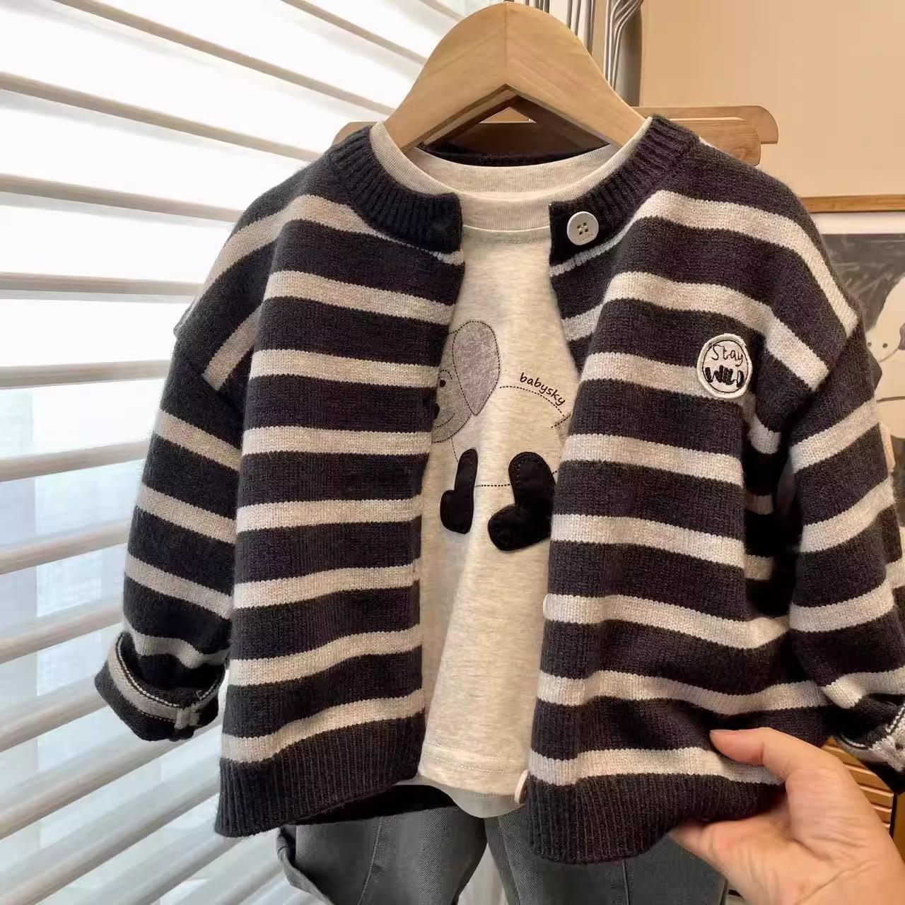 Boys Autumn Striped Knit Cardigan Round Neck Versatile Stylish Sweater 80