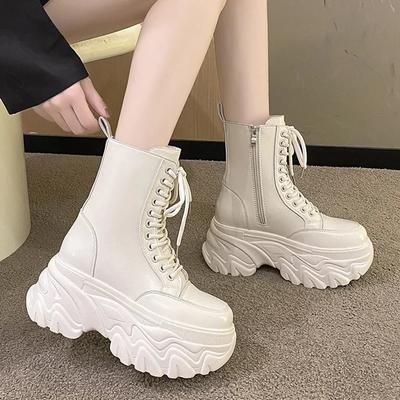 Punk Superaukštakulnės Platforminės Batai Moterims Stori Kulniukai Suvarstomi Motociklininkų Batai Moteris Juodi Balti Storu Padu Ankle Boots Moteriški
