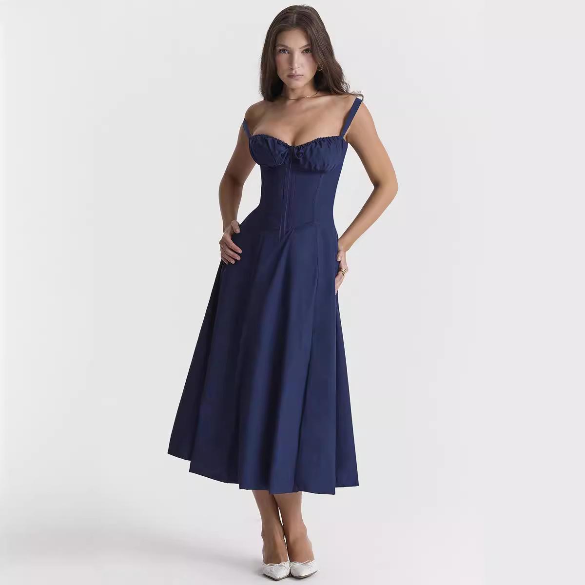 

2026 Summer Women’s Elegant Solid Color High Waist Spaghetti Strap Maxi Dress - Sexy Split Party Gown Commuter Temperament Suspender Dress 5XL темно-синього кольору
