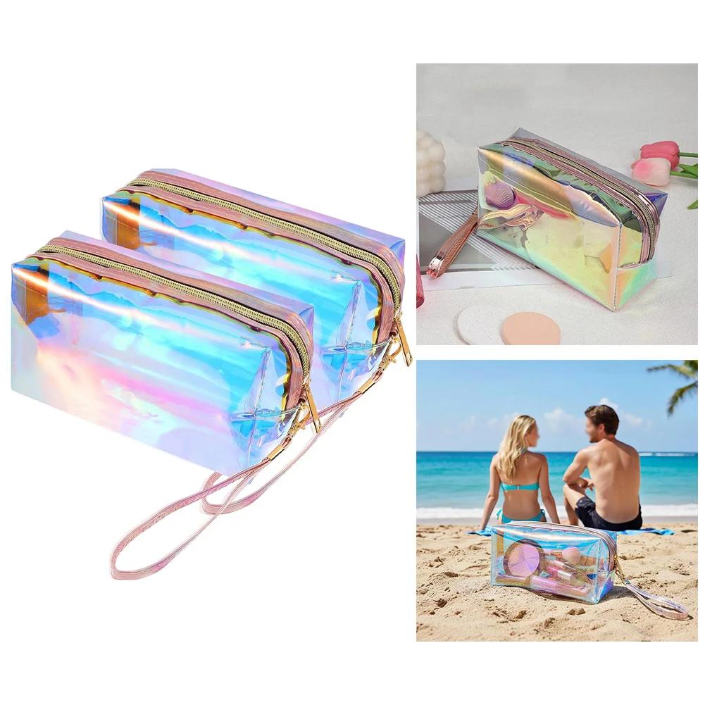 Trendy 2-delt iriserende holografisk makeup-taskesæt til rejser og daglig brug Makeup-taske PVC kosmetikpung Rejsearrangør