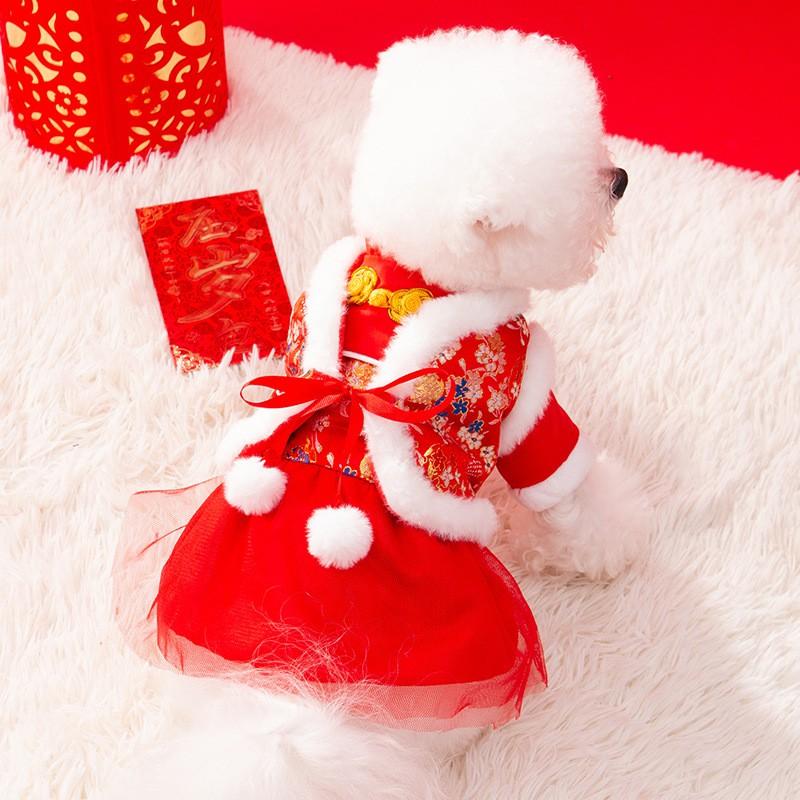 Winter Warm Pet Dog Dress Chinese Style Vest Skirt Combo Red Small To Large Breeds