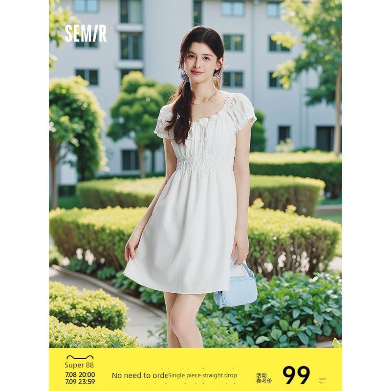 

Senma Dress Women Waist Hugging Bow Girly Feeling 2025 New Summer Pretty Leather Wooden Ear Square Collar Short dress Temperament Morning gray 20169 160/84A/M