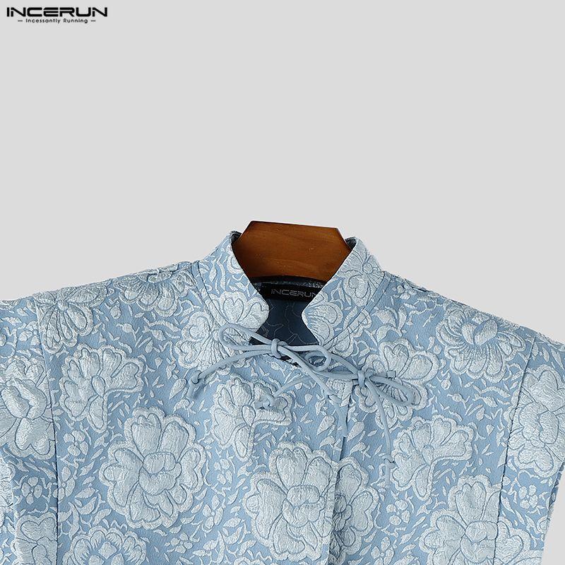 INCERUN Camisetas Casuales para Hombre de Verano Vintage de Manga Corta con Textura y Flores