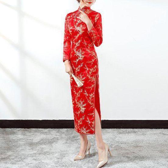 Lady Petticoats Plus Size Women Cheongsam Elegant High Slits Long Cheongsam Classic Chinese Style Women Dress for Weddings Parties