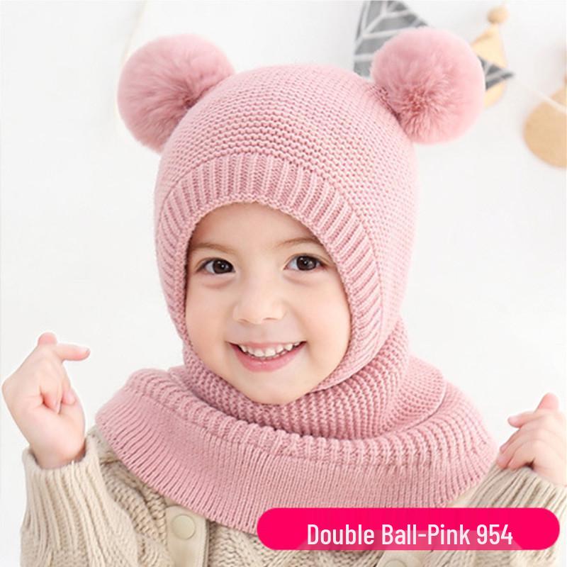 Koreaanse Stijl Kinder Dubbele Pompon Oorflappen Hoed & Eendelig Sjaal Set (Herfst/Winter 2025 Collectie)