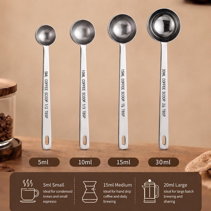 Long Handle Measuring Spoons, 4 Piece 304 Steel Set with 5Ml 10Ml 15Ml 30Ml Labeled Scoops for Deep Ingredient Container