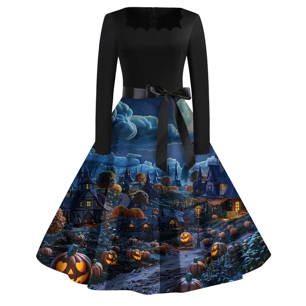 Women's Casual Fashion Halloween Printed Square Neck Vintage Dress