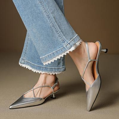 New Women's Bag Head Sandals European and American Summer Solid Color Back Empty Sandals Women's Pointed Head Large Size Shoes Buckle Beef Tendon