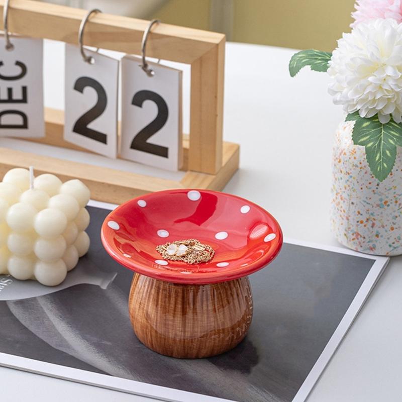Ceramic Mushroom Jewelry Tray with Raised Ring Holder Dish, Tabletop Catchall Tray for Vanity and Bedside Table
