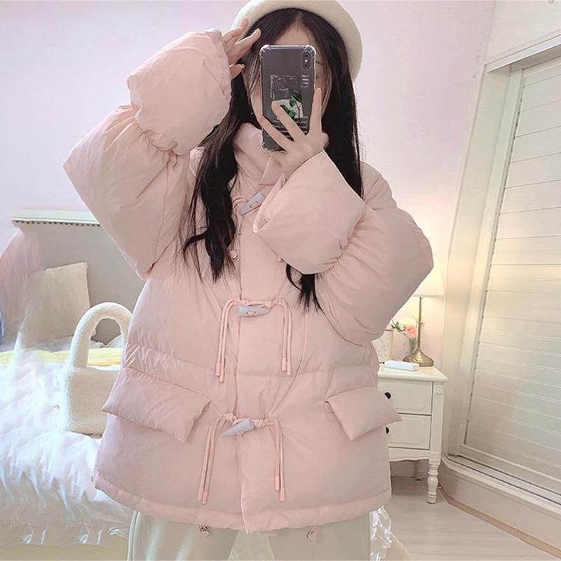 

Корейское хлопковое пальто-пуховик женское короткое новое корейское свободное хлопковое пальто с роговыми пуговицами пальто-хлеб XXXL розовый