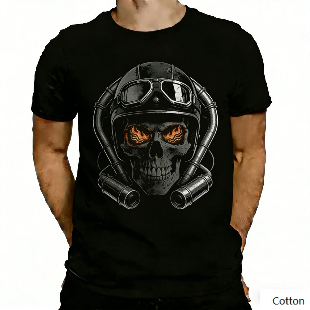Vintage Flamme Skelett Pilot Grafik T-Shirt Helm Auspuffrohr Druck Baumwolle Kurzarm Lässig Unisex T-Shirt