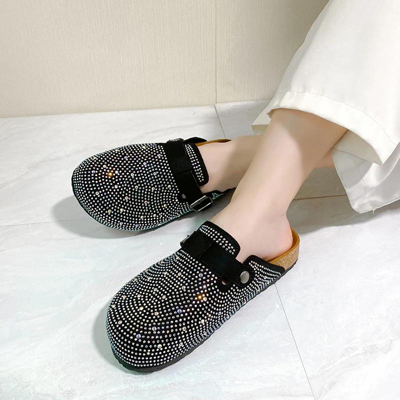 fashion Women Crystal Mules Shoes Flats Slippers 2024 Autumn Designer New Fashion Walking Casual Shoes Cozy Trend Dress Mujer Zapatos