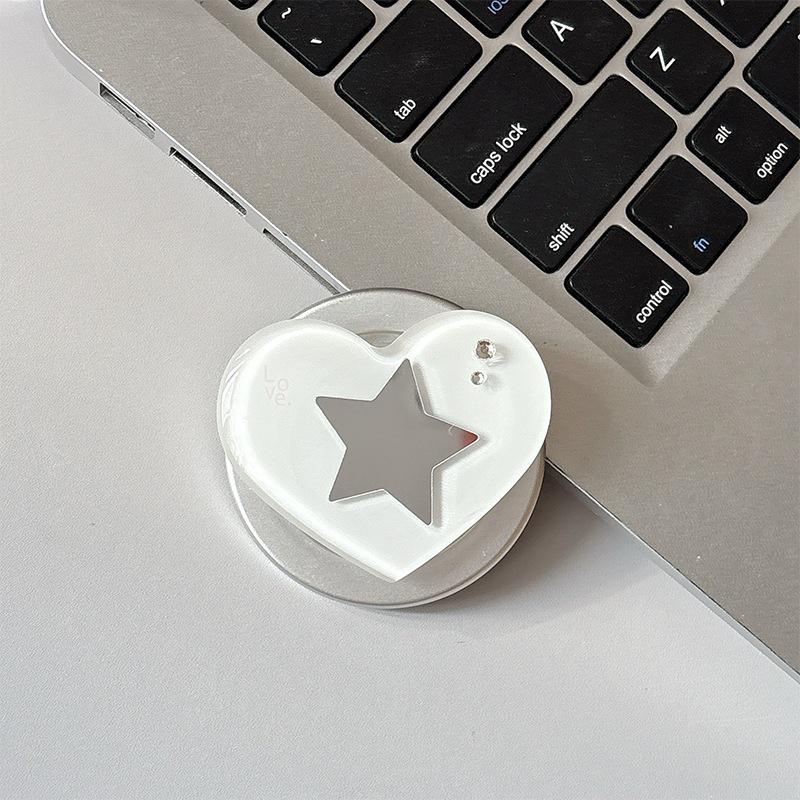 Heart-shaped Rhinestone Star Mirror Phone Holder with Magnetic Finger Ring