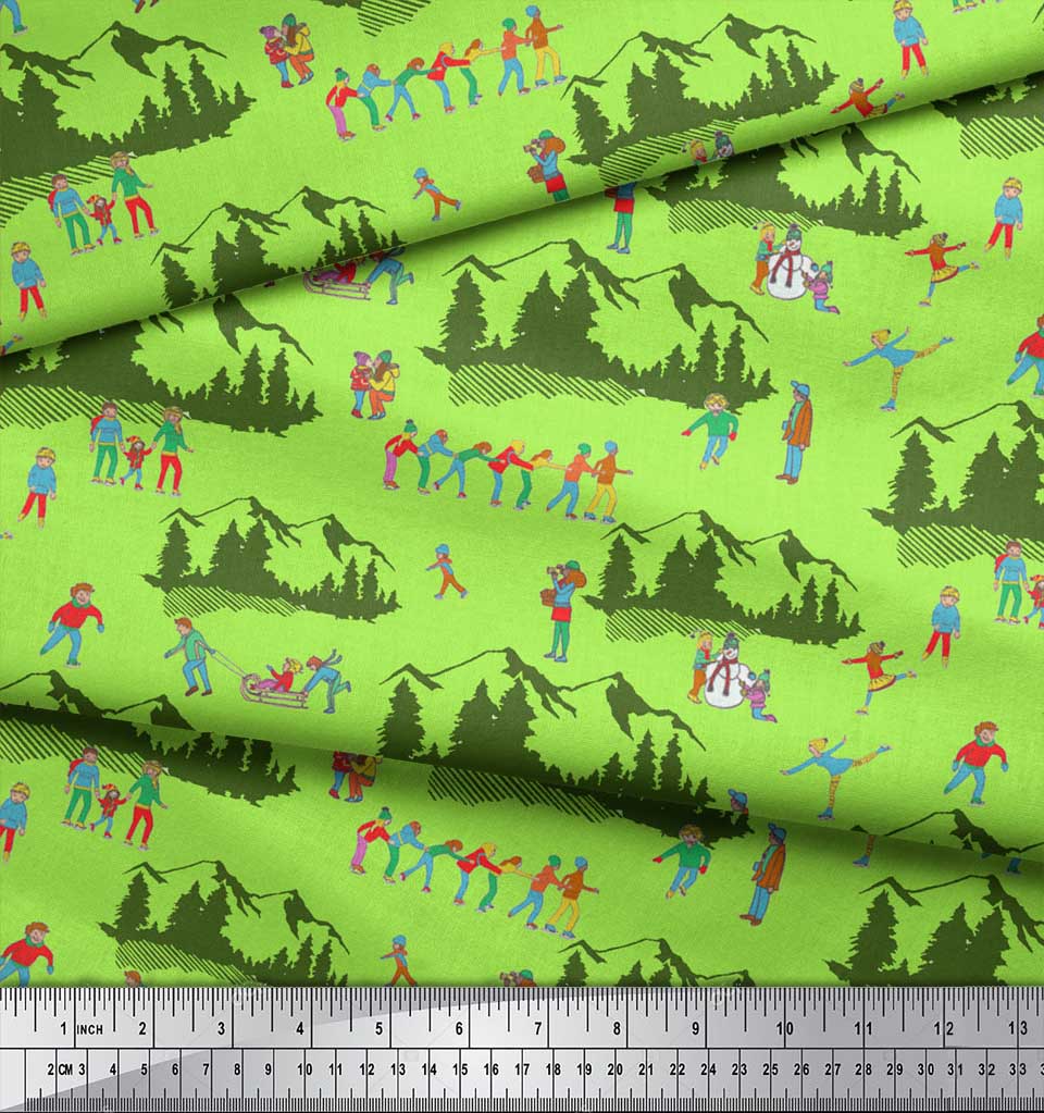 Soimoi Šedá japonská krepová saténová látka Lidé, Sáně a Hory Sváteční dekorační látka Tištěný metr 42 palců