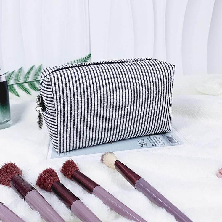 Seersucker Makeup & Toiletry Bag: Large Capacity, Embroidered, Striped Travel Clutch