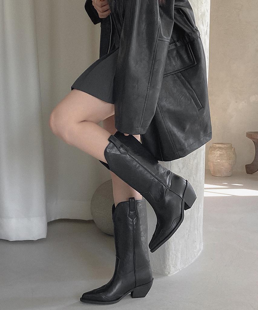 Moodnple Heather Detail Crack Western Boots 6Cm Black Color Added