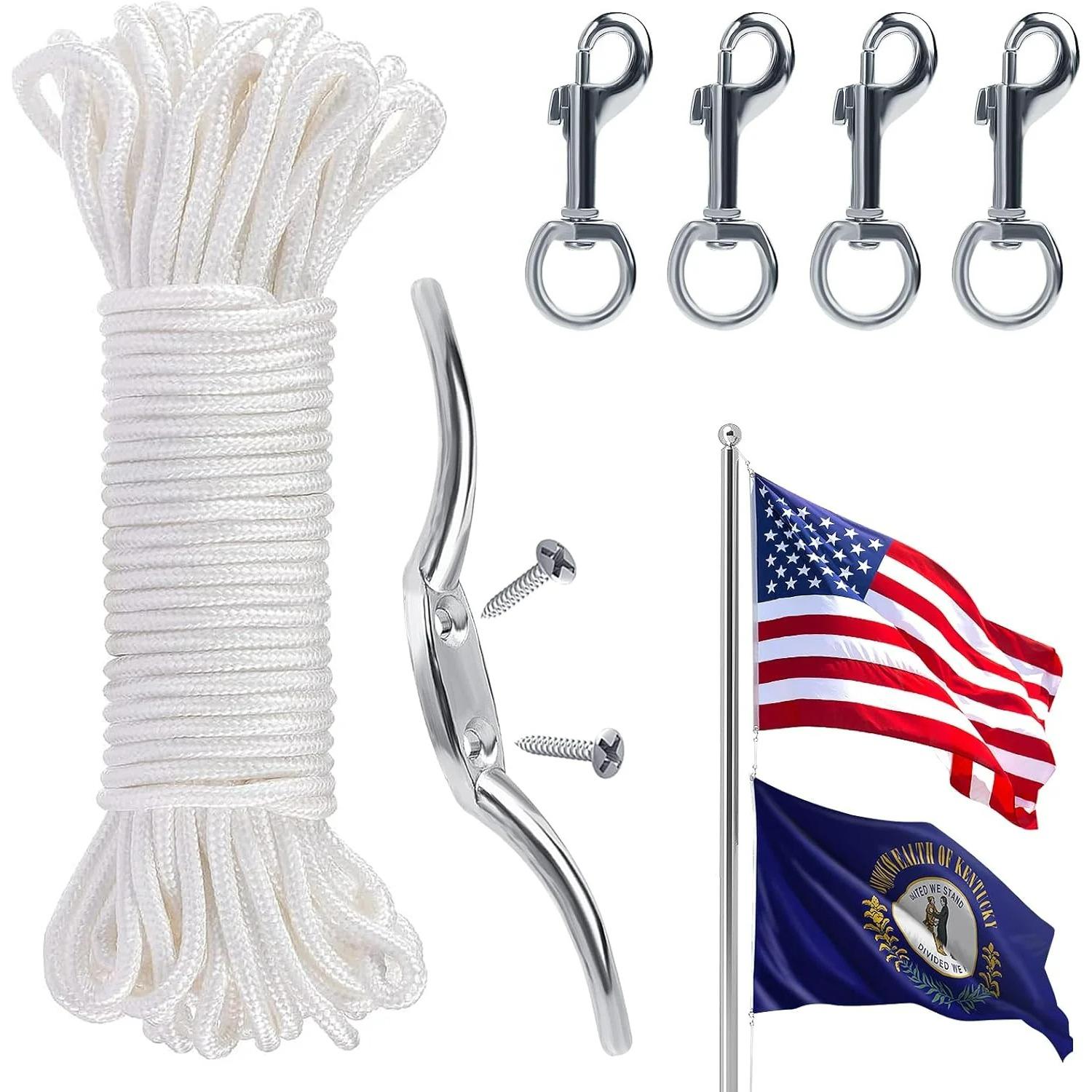 

Flag Rope and Clips Kit - 50ft Flag Pole Rope Halyard with Cleat Hook & 4 Pcs Swivel Snap Clips for Flagpoles Up to 25ft белый