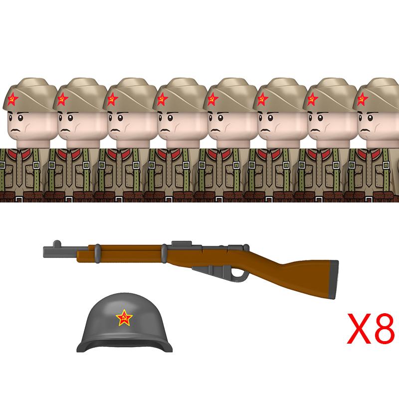 Non-Toxic Military Ww2 Soviet M35 Uniform Figures Building Blocks Russia Army Infantry Boat Hat Steel Helmet Pps Weapons Bricks Toys Kids