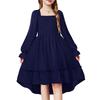 Girls' Fashionable And Cute Solid Color Square Neck Bell Sleeve Long Sleeve Ruffled Wide Hem Dress