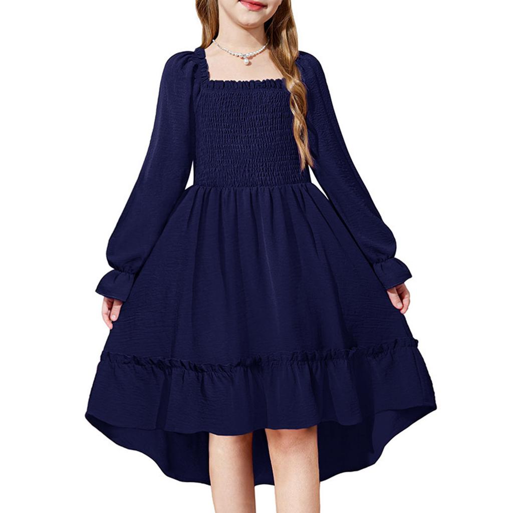 Girls' Fashionable And Cute Solid Color Square Neck Bell Sleeve Long Sleeve Ruffled Wide Hem Dress