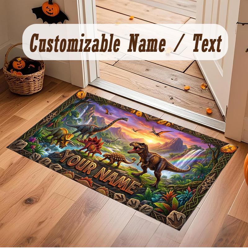 Dinosaur Theme Soft Crystal Velvet Rug Custom Name & Text Print Non Slip Floor Rug for Bedroom Living Room