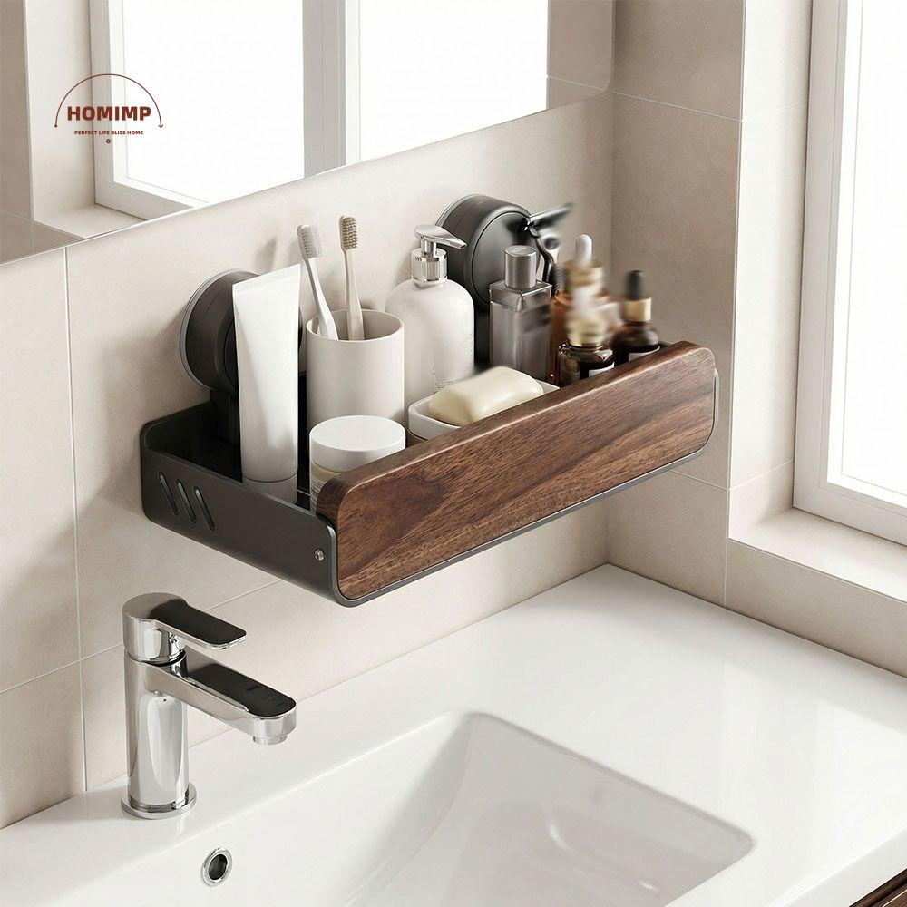 Mid-Century Modern Bathroom Shelf Walnut Finish Strong Grip Bathroom Storage Rack Space Saving Drill-Free Wall Mounted Organizer