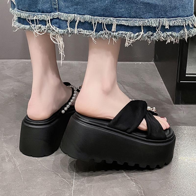 Fashion 8CM Platform Sandals Women 2025 Summer New Non-slip High Heels Flannel Slippers Ladies Open-toed Roman Soft Beach Shoes