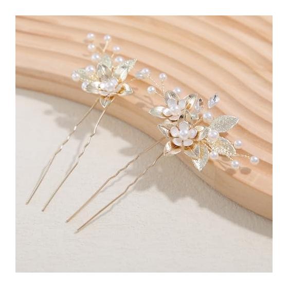 Hair Accessories Set - Leaf and Flower Motif Comb, Hairpins with Pearls, Handmade for Weddings, Parties, Graduations, Performances, Japanese Style