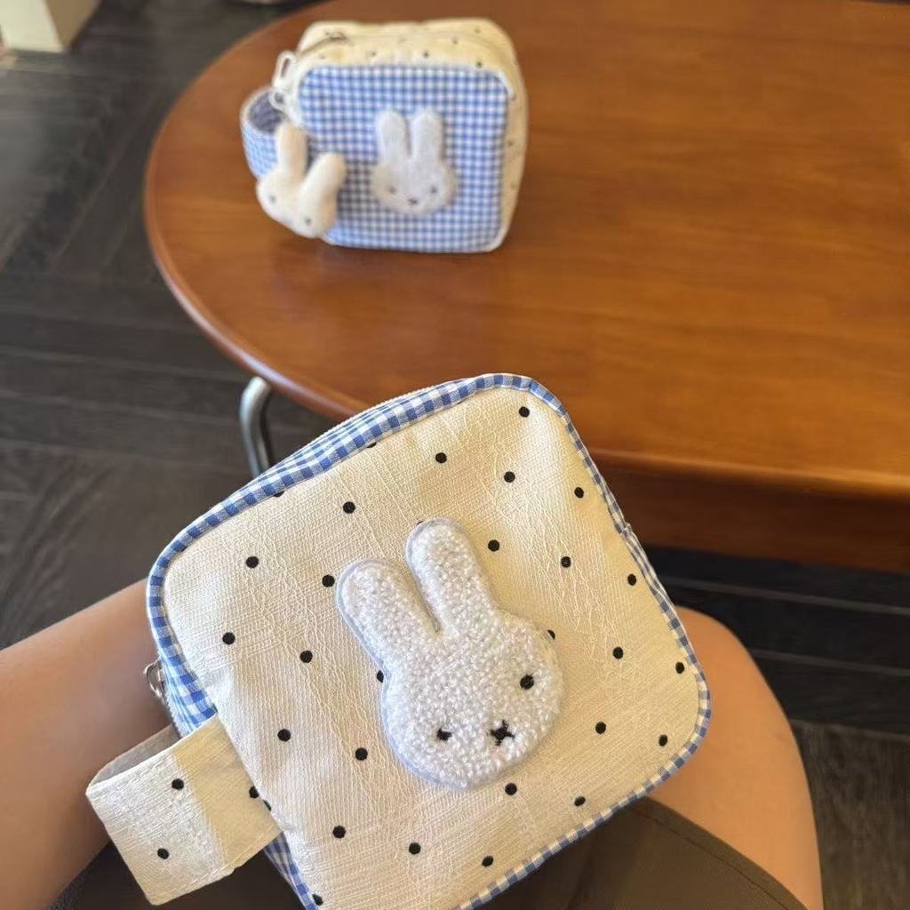 Blue Check Miffy Rabbit Storage Bag With Polyester Material For Casual Daily Use