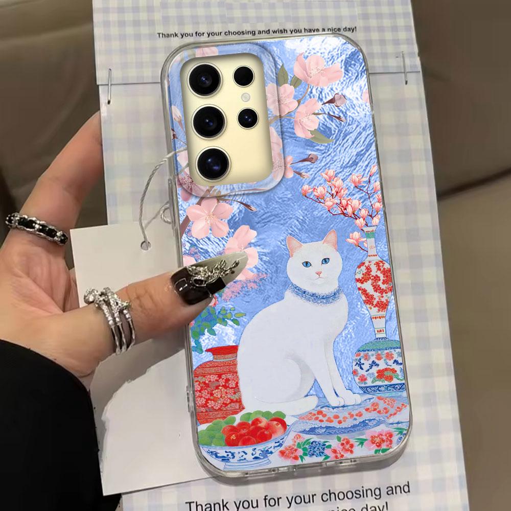 Cute Cat Flower Vortex Pattern Women Gilrs Phone Case for Samsung Galaxy S25 Edge S24 S23 S22 S21 FE Plus Ultra Shell Bags Cover