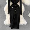 Spring Autumn V-neck Solid Knitted Sweater Dresses Women Single Breasted Full Sleeve Slim Bodycon Dress