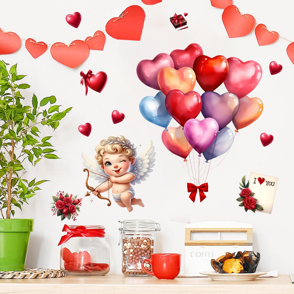 Cupid Love Arrow and Balloons Wall Sticker Self-Adhesive Removable for Living Room Bedroom Valentine Home Decor