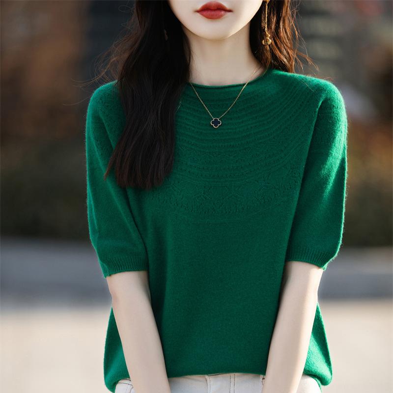 Knitted Short-sleeved T-shirt for Women In Summertime New Loose Pullover Sweater Large Size Round Neck Hollow Inner Layer Bottoming