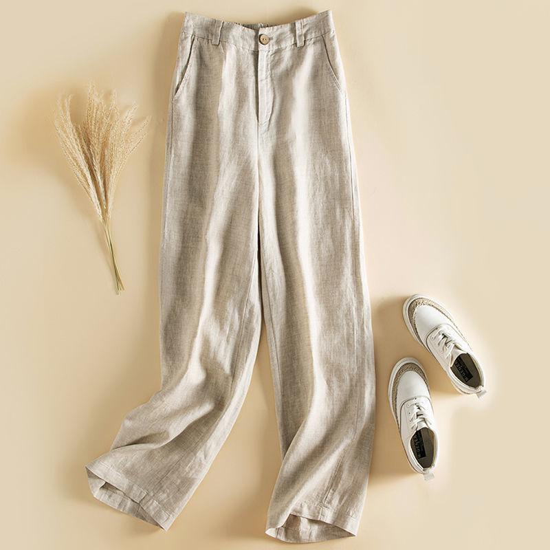 

Льняные широкие брюки женские с высокой талией драпированные весенне-летние винтажные литературные свободные хлопковые льняные прямые повседневные длинные брюки S
