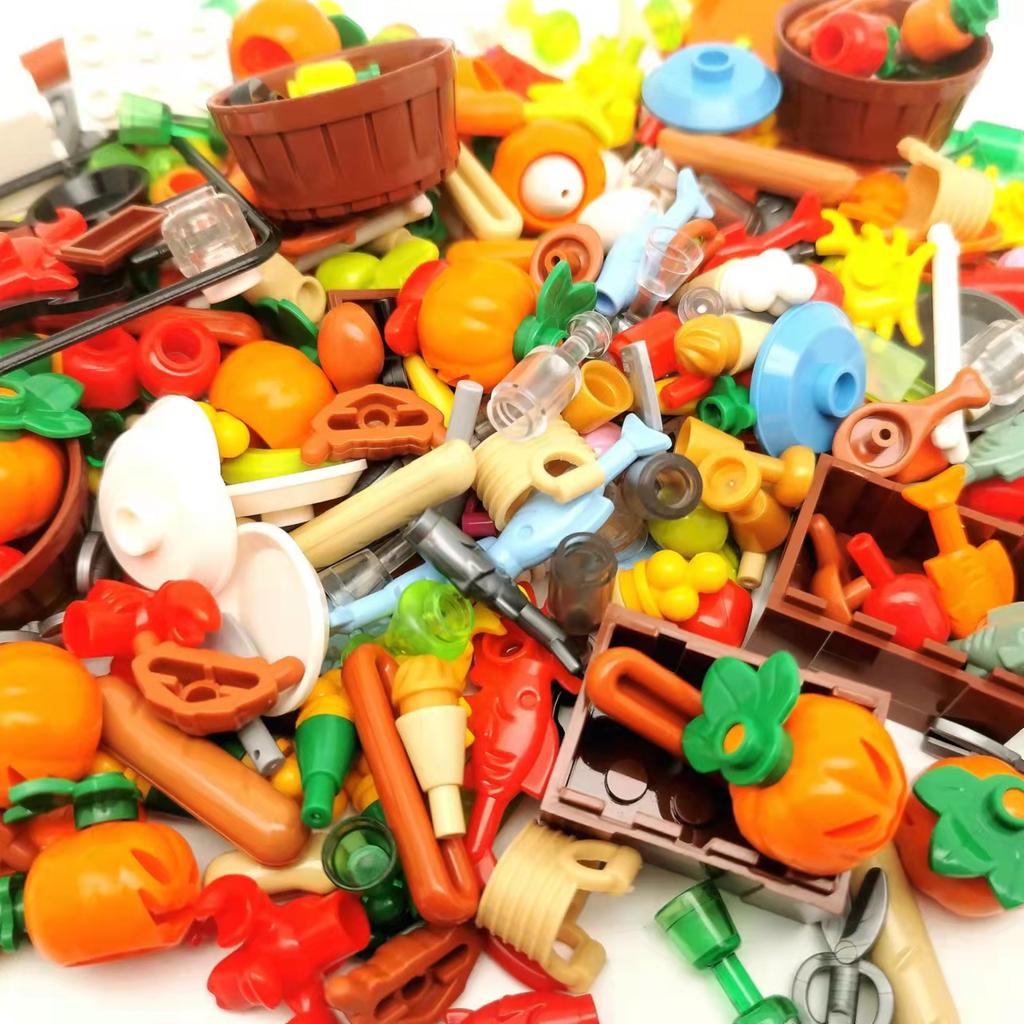 Food Building Blocks City Friend Accessories Bread Chips Roast Chicken Pizza Hot Dog Fish Fruit Carrot Basket Classic MOC Bricks