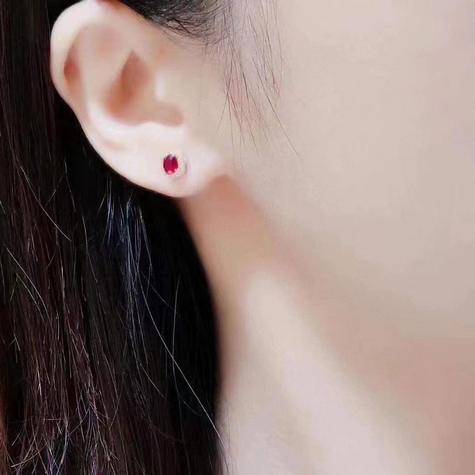 Elegant Gold-Plated Sterling Silver Earrings with Pomegranate Red and White Diamonds