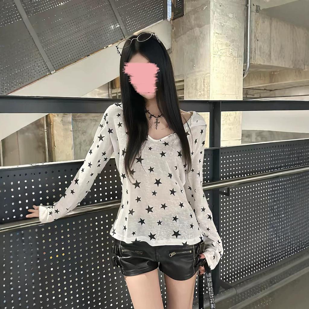 Sweet Spice Girl Design Sense Star Full Printing Micro Transparent Hooded Sunscreen Blouse Women's Summer New Versatile Good-looking Top Trend