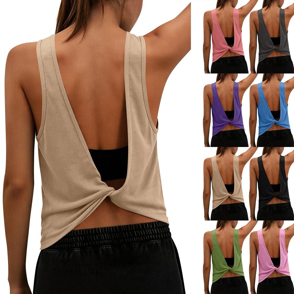 Women's Fashionable Casual Plain Sleeveless Round-Neck Backless Sports Tank Top