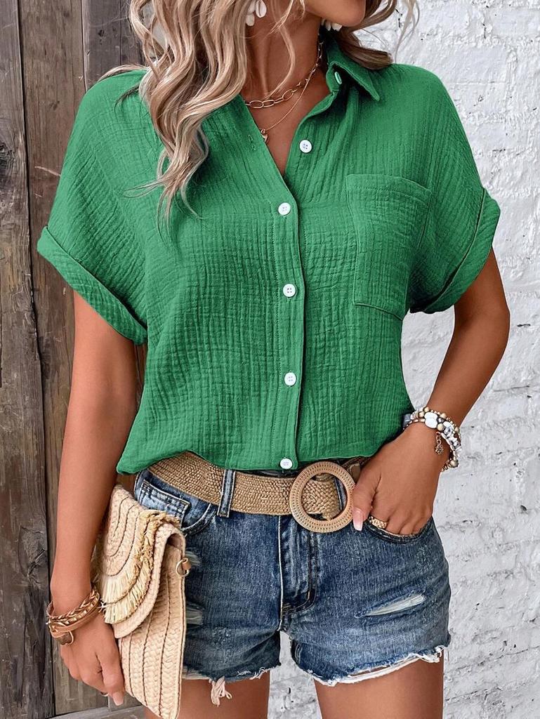 European American Women's Cotton Shirt - 2026 Summer Collection: Solid Color Casual Button-Up
