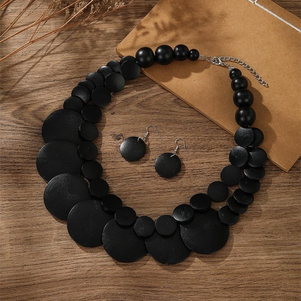 Necklace Wooden Beaded Necklace Double-layer Round Necklace Exaggerated Jewelry Set  Women