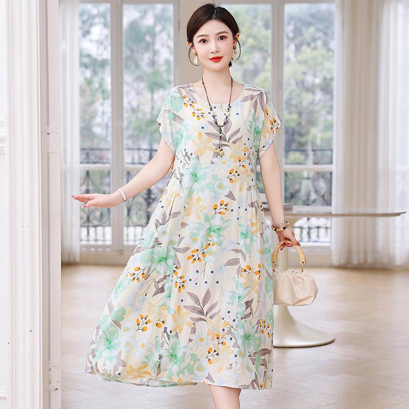 New cotton and silk dress summer large size loose fat mother covering belly and looking thin casual floral long skirt