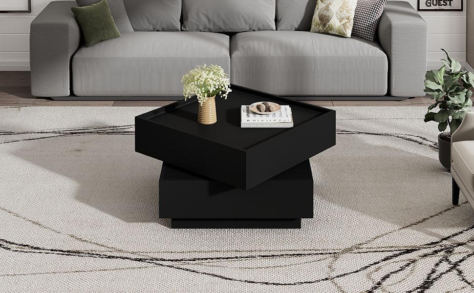 Functional Coffee Table for the Living Room, 360 degrees Rotatable, Rotating Tabletop with 2 Shelves and Storage Space, Side Table Frame Black