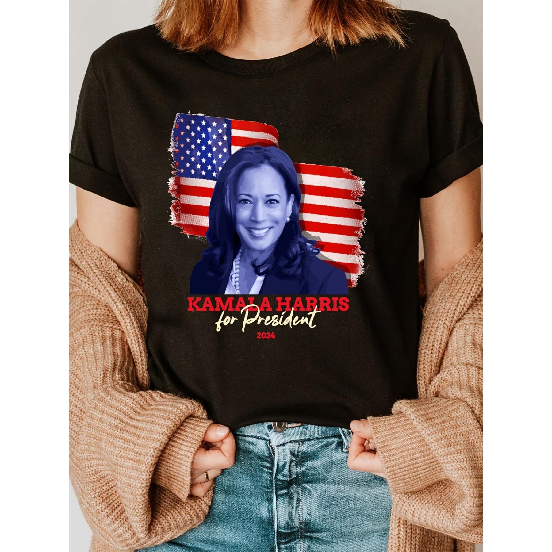 Women s Kamala Harris 2024 Presidential Campaign T-Shirt - Flag & Kamala Harris Portrait Print Short Sleeve Crew Neck Casual Top S чёрный