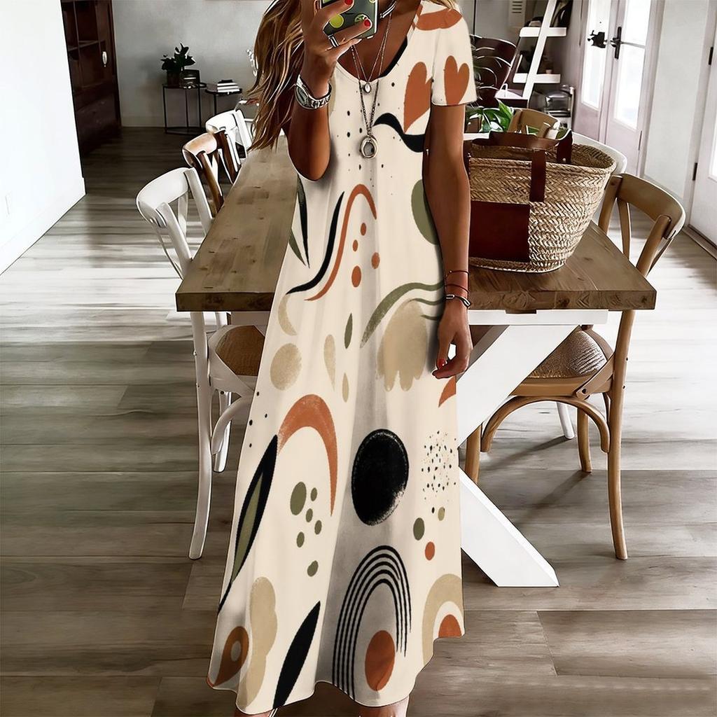 Women Plus Size V Neck Short Sleeve Printed White Straight Maxi Dress