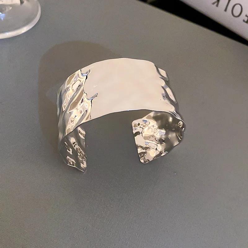 Personality Stainless Steel Irregular Glossy Liquid Metal Wide Opening Bangles Arm Ring for Women High Quality Designer Jewelry