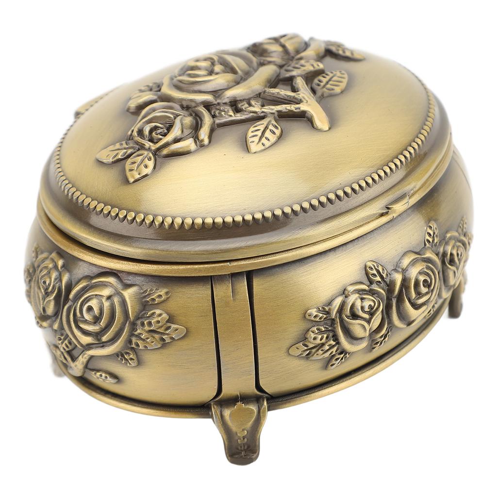 Jewelry Box Retro Rose Metal Oval Shaped Jewelry Storage Box Organizer for Ring Necklace Earrings Bronze